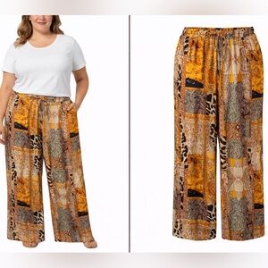 Rafaella 2X Satin Wide Leg Pants | Animal Print Boho Resort Lounge Trousers